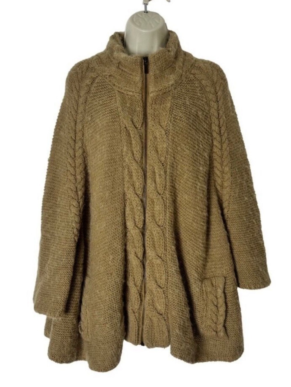 Classiques Entier Fisherman Alpaca Wool Poncho Cardigan Sweater M/L Tan Classic